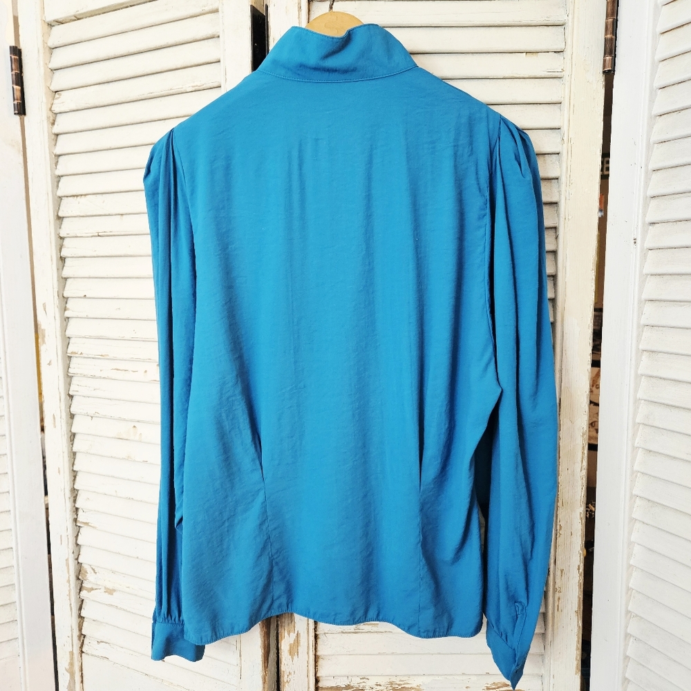 Vintage 80s Teal Blue High Neck Blouse With Gathered Shoulders Small/Medium - Picture 9 of 11
